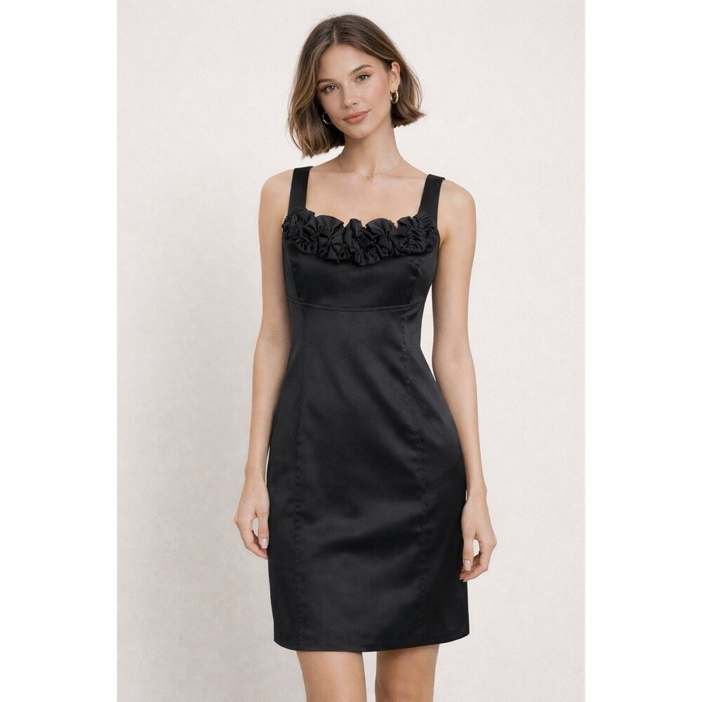 White House Black Market Rosette Ruffle Neckline Black Satin Dress Sz 4 NWT!!